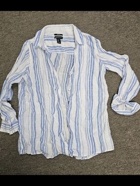 Jones New York White and Light Blue Striped Linen-Blend Button Shirt